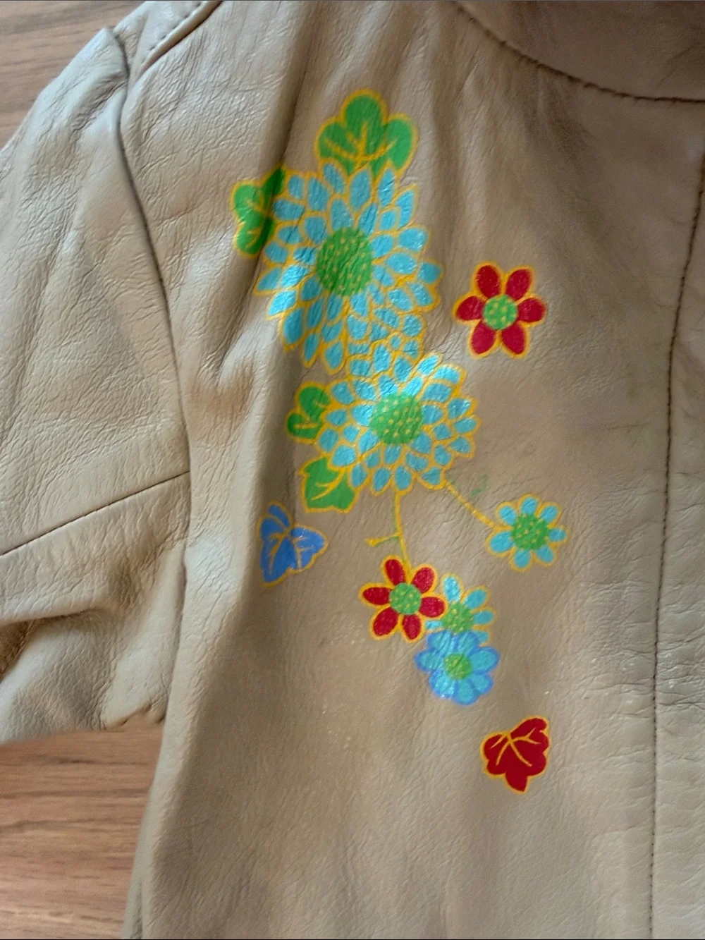Vintage GAP Leather Tan Toddler Jacket with Colorful Floral Print